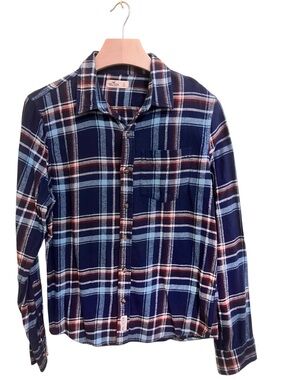 Hollister Men’s Navy, Light Blue & Maroon Plaid Button-Down fanel Shirt